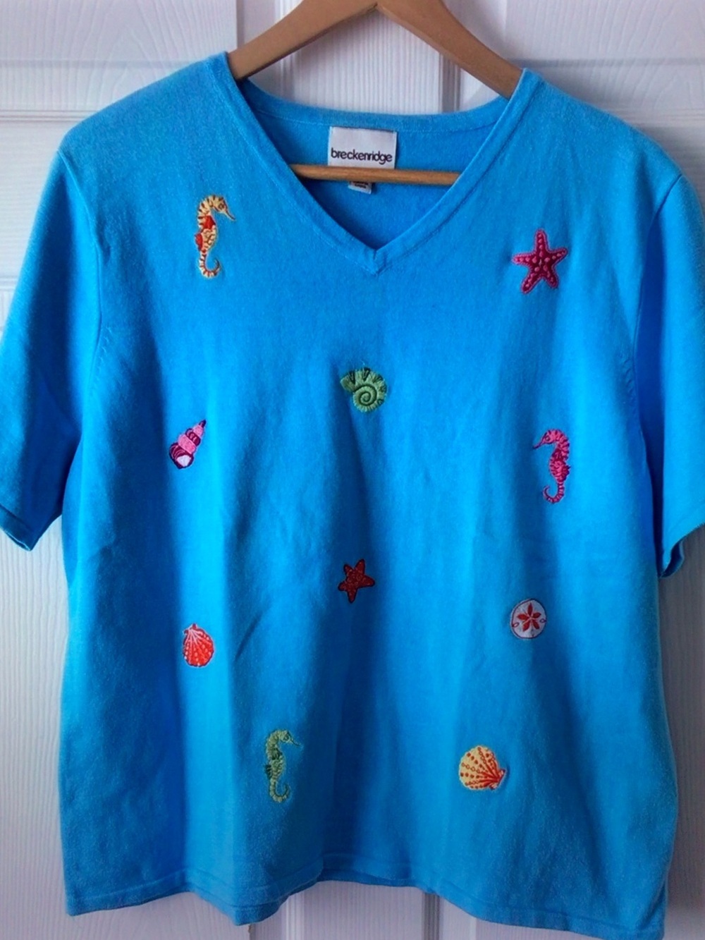 breckenridge Turquoise V-Neck Short Sleeve Tee with Seaside Embroidery
